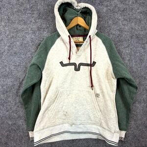 Kimes Ranch Western Hoodie Mens Large Green Cream Henley Hooded Raglan Sleeve